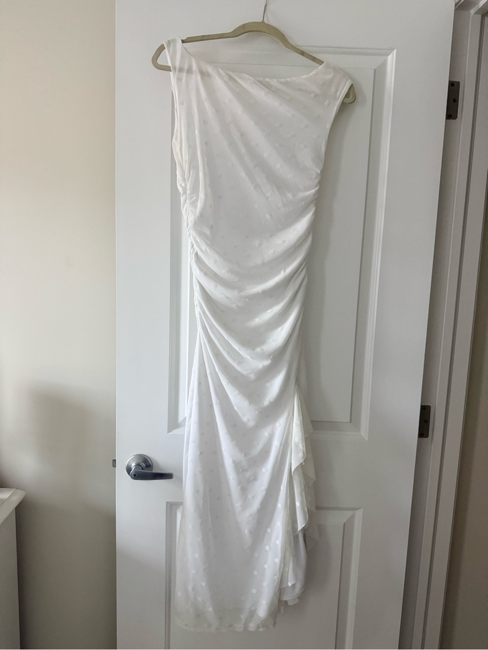 Altar’d State White Polka Dot Midi Dress with Ruffle Slit